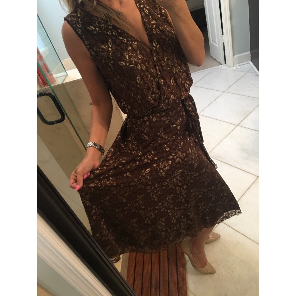 Karen Kane Brown Gold Lace Midi Dress L NWT 2L74077 Indian Summer Tank Dress